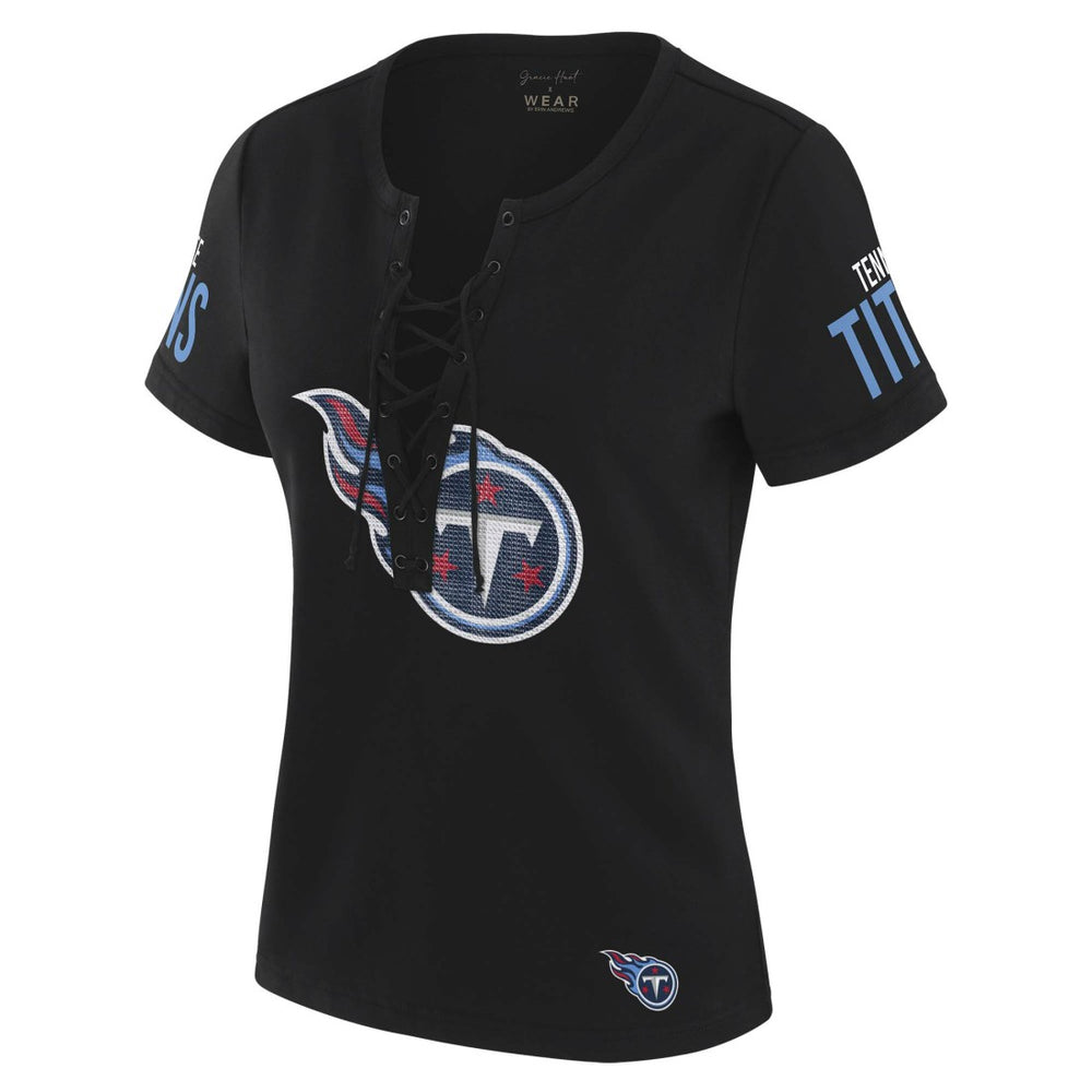 Tennessee Titans WEAR by Erin Andrews x Gracie Hunt Women's Draft Me Lace-Up T-Shirt | NFL Discount