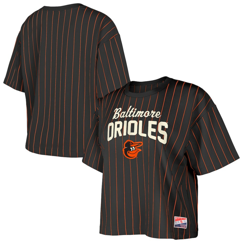 Baltimore Orioles New Era Women's Cooperstown Collection Multiplier Pinstripe Cropped T-Shirt - MLB T-shirts