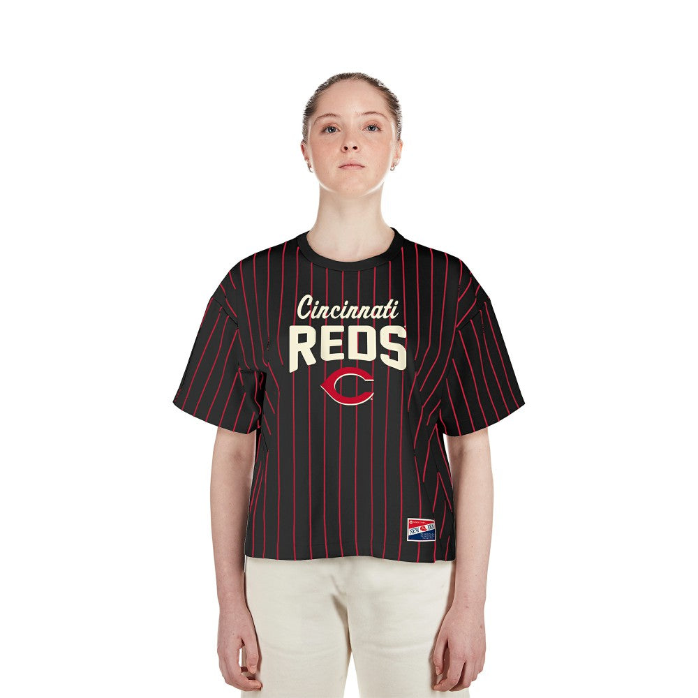 Cincinnati Reds New Era Women's Cooperstown Collection Multiplier Pinstripe Cropped T-Shirt - MLB T-shirts