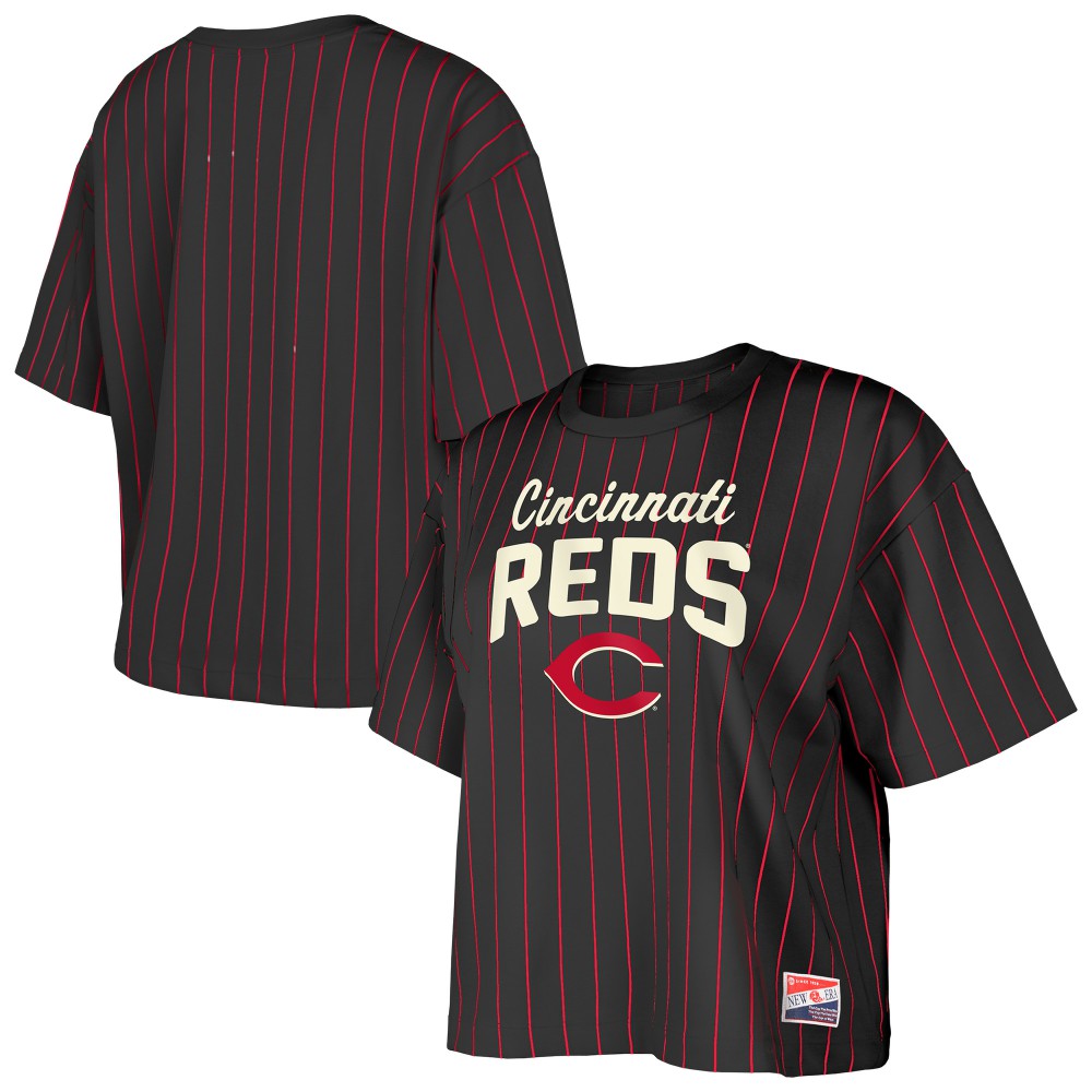 Cincinnati Reds New Era Women's Cooperstown Collection Multiplier Pinstripe Cropped T-Shirt - MLB T-shirts