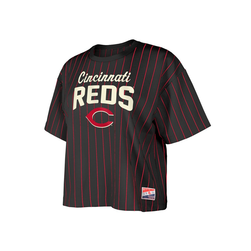 Cincinnati Reds New Era Women's Cooperstown Collection Multiplier Pinstripe Cropped T-Shirt - MLB T-shirts
