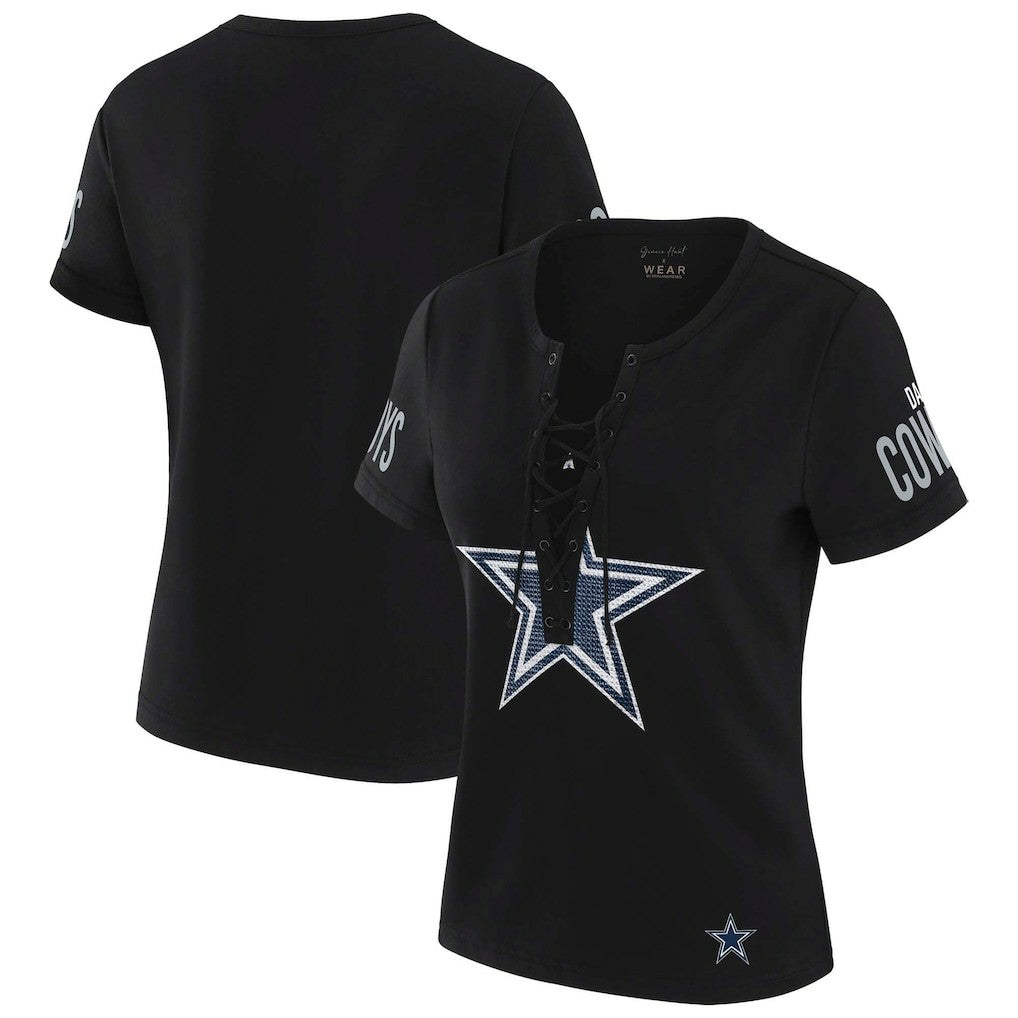 Dallas Cowboys WEAR by Erin Andrews x Gracie Hunt Women's Draft Me Lace-Up T-Shirt | NFL US