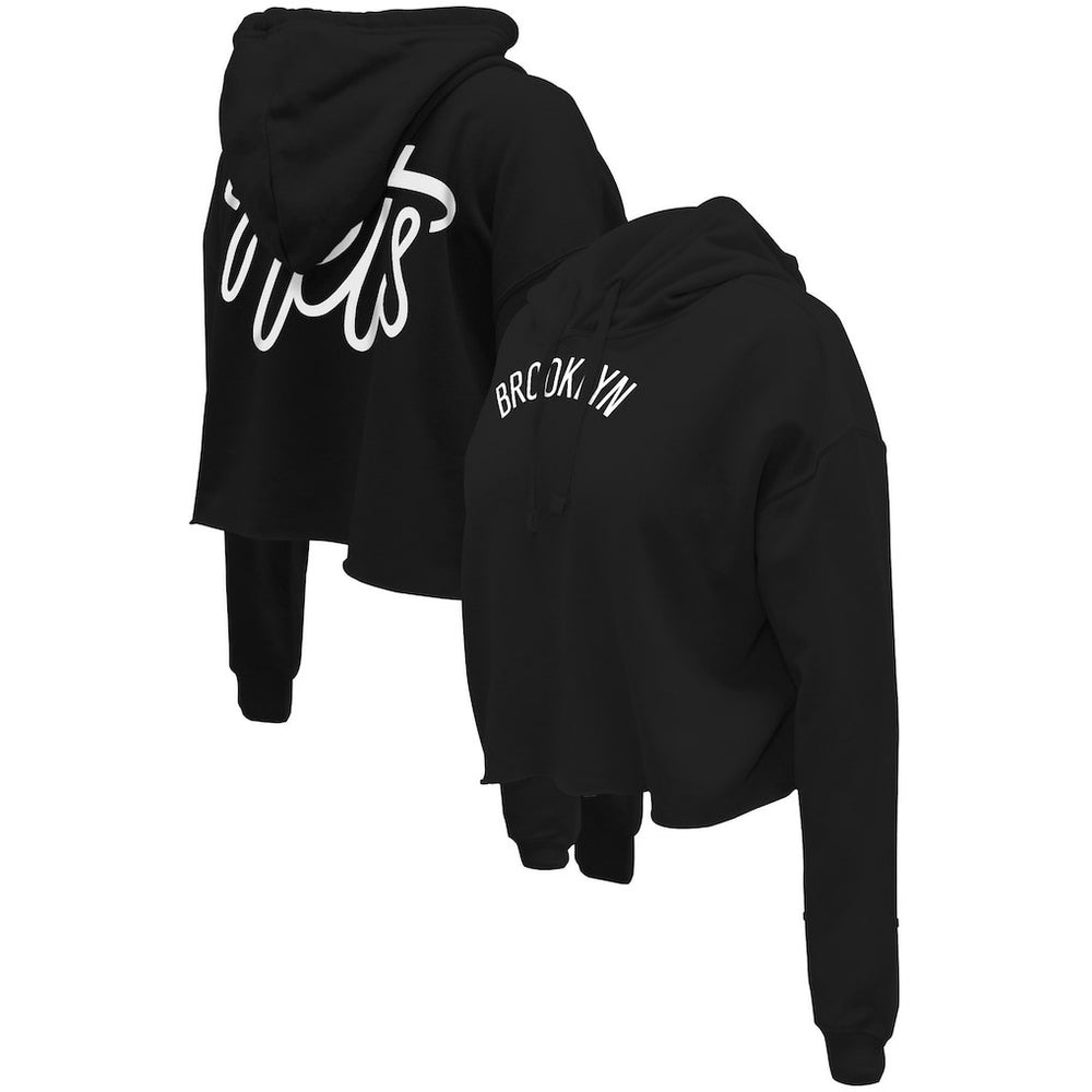 Black Brooklyn Nets Stadium Essentials Women's Origins Script Cropped Pullover Hoodie | NBA