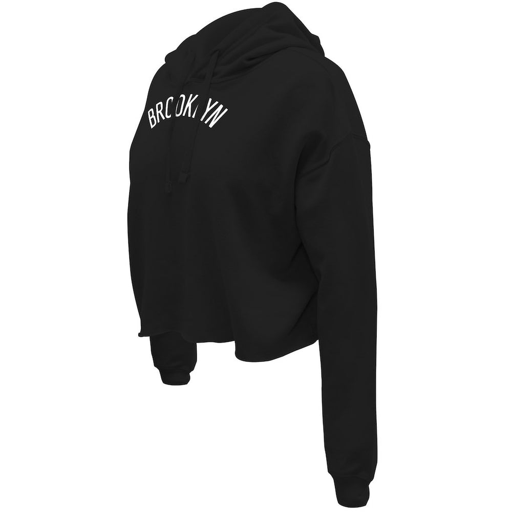 Black Brooklyn Nets Stadium Essentials Women's Origins Script Cropped Pullover Hoodie | NBA