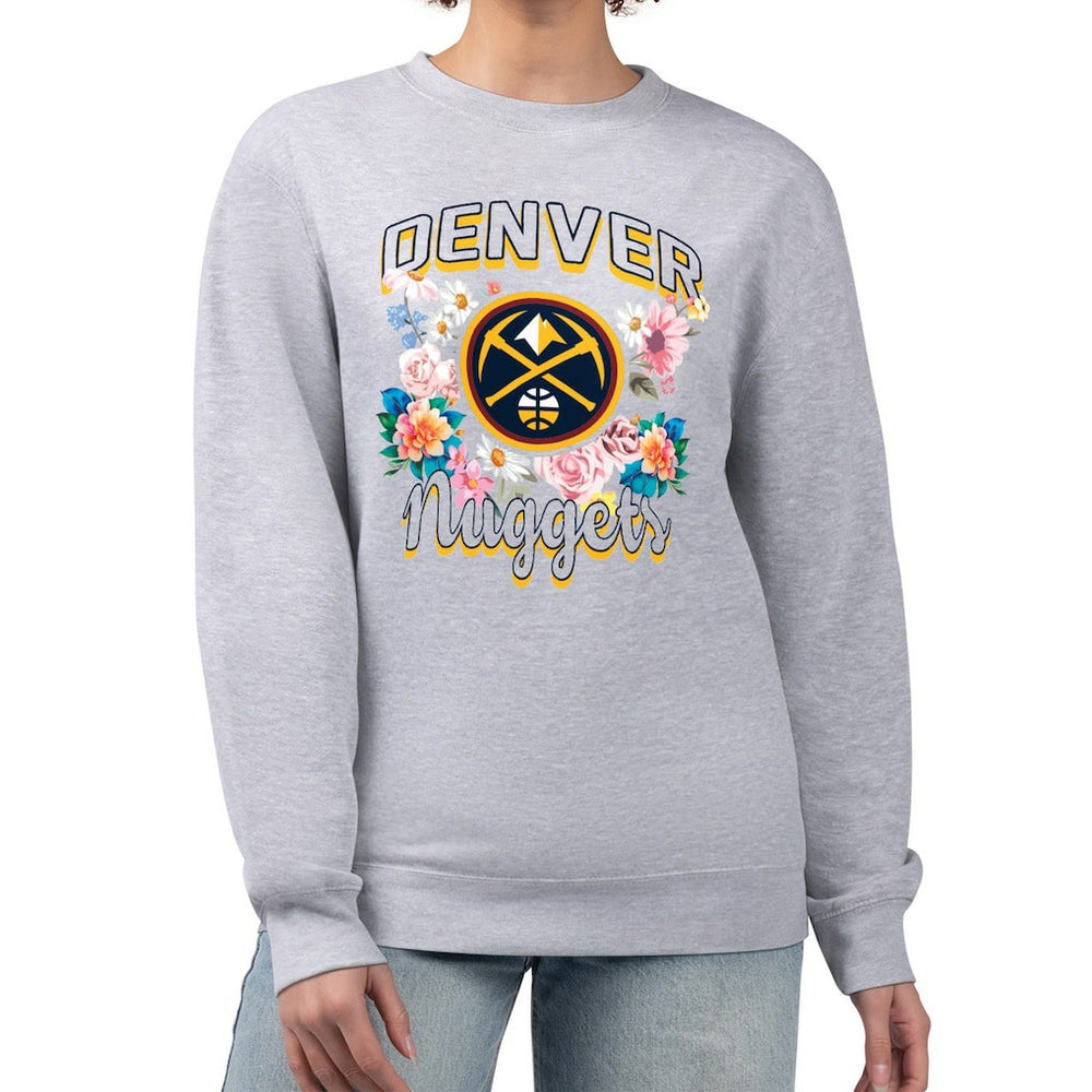 Heather Gray Denver Nuggets G-III 4Her by Carl Banks Women's Flowers Team Logo Graphic Fleece Crewneck Pullover Sweatshirt sale | NBA