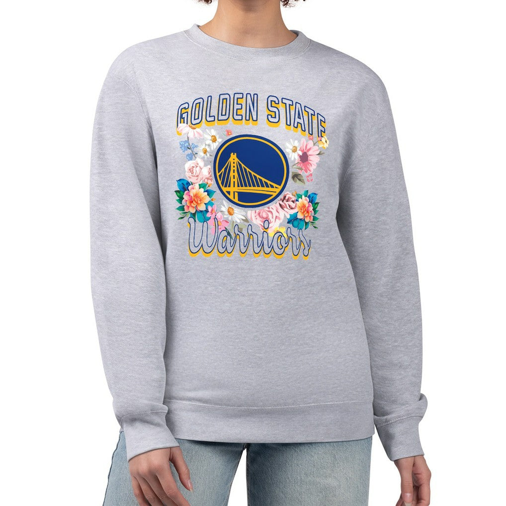 Heather Gray Golden State Warriors G-III 4Her by Carl Banks Women's Flowers Team Logo Graphic Fleece Crewneck Pullover Sweatshirt sale | NBA