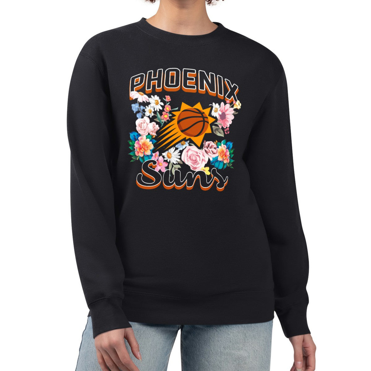 Black Phoenix Suns G-III 4Her by Carl Banks Women's Flowers Team Logo Graphic Fleece Crewneck Pullover Sweatshirt | NBA