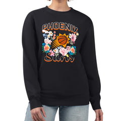 Black Phoenix Suns G-III 4Her by Carl Banks Women's Flowers Team Logo Graphic Fleece Crewneck Pullover Sweatshirt | NBA