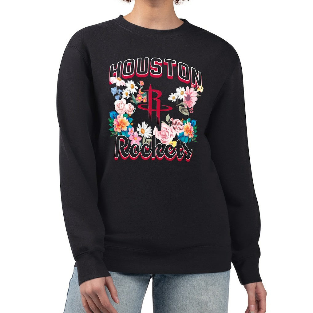 Black Houston Rockets G-III 4Her by Carl Banks Women's Flowers Team Logo Graphic Fleece Crewneck Pullover Sweatshirt sale | NBA