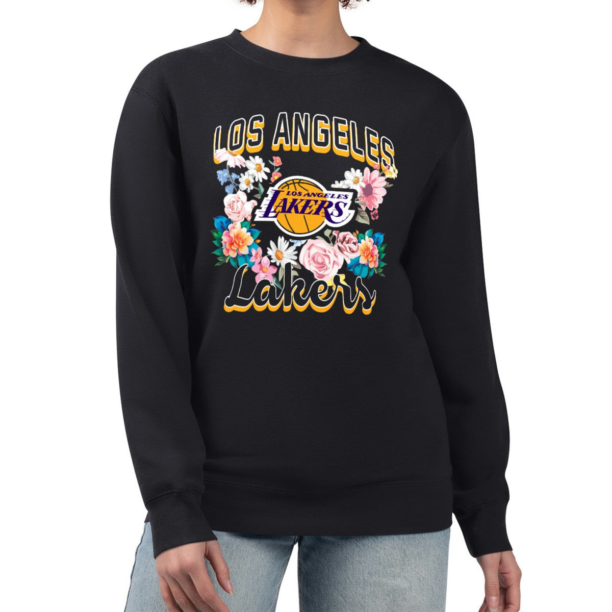 Black Los Angeles Lakers G-III 4Her by Carl Banks Women's Flowers Team Logo Graphic Fleece Crewneck Pullover Sweatshirt | NBA