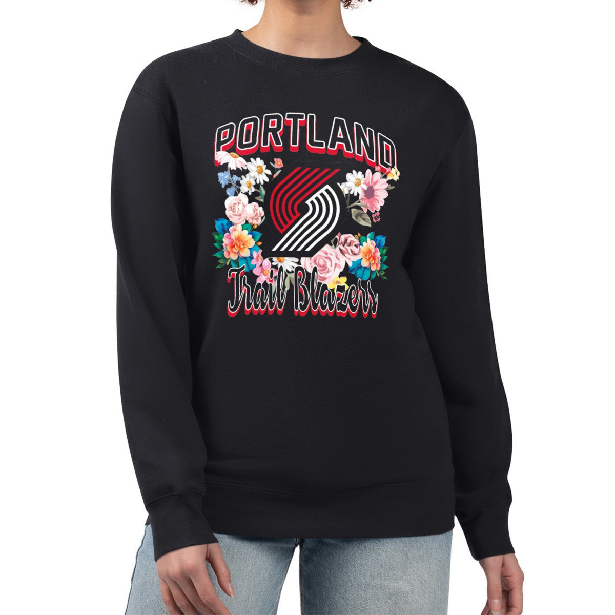 Black Portland Trail Blazers G-III 4Her by Carl Banks Women's Flowers Team Logo Graphic Fleece Crewneck Pullover Sweatshirt | NBA