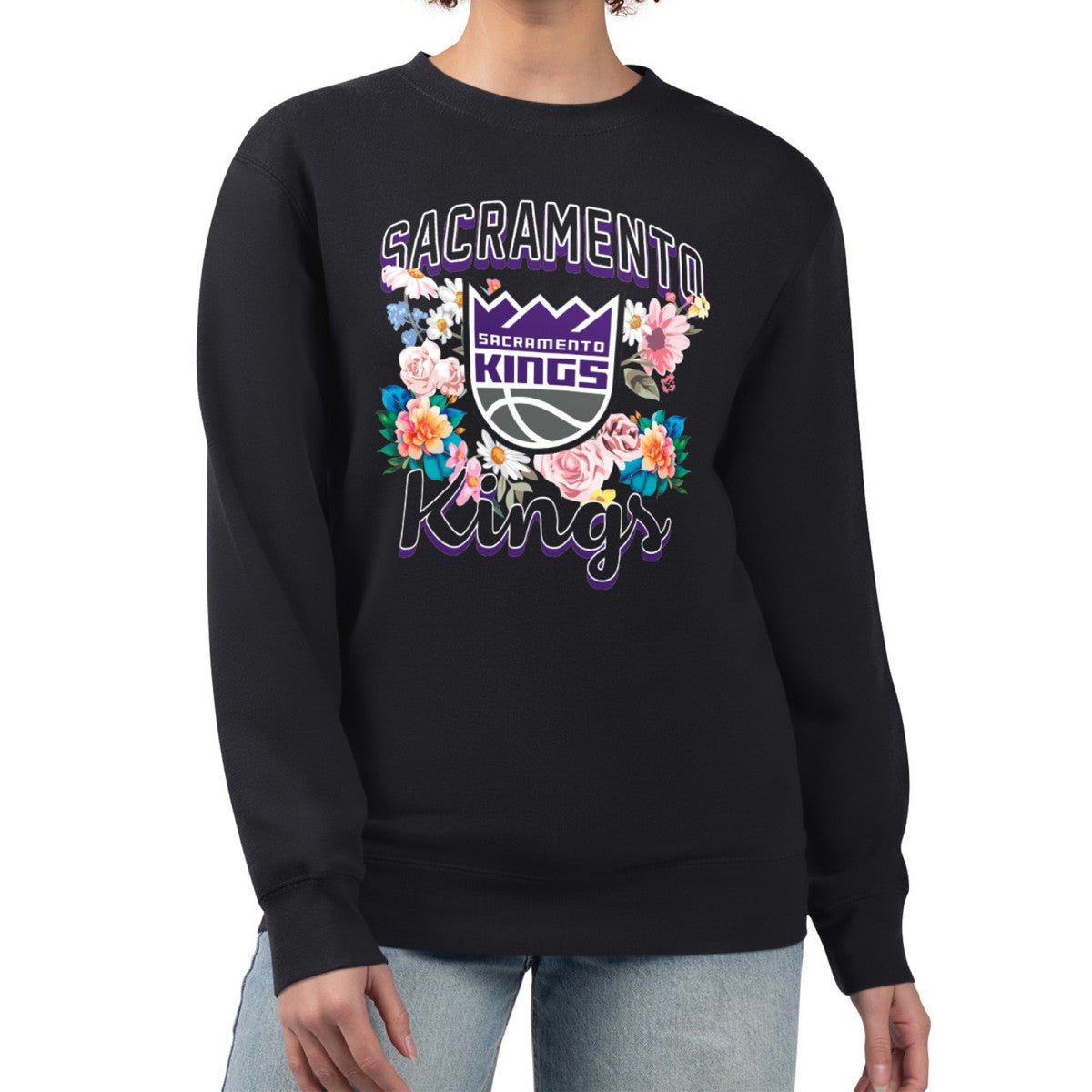 Black Sacramento Kings G-III 4Her by Carl Banks Women's Flowers Team Logo Graphic Fleece Crewneck Pullover Sweatshirt | NBA