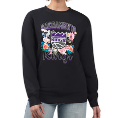 Black Sacramento Kings G-III 4Her by Carl Banks Women's Flowers Team Logo Graphic Fleece Crewneck Pullover Sweatshirt | NBA