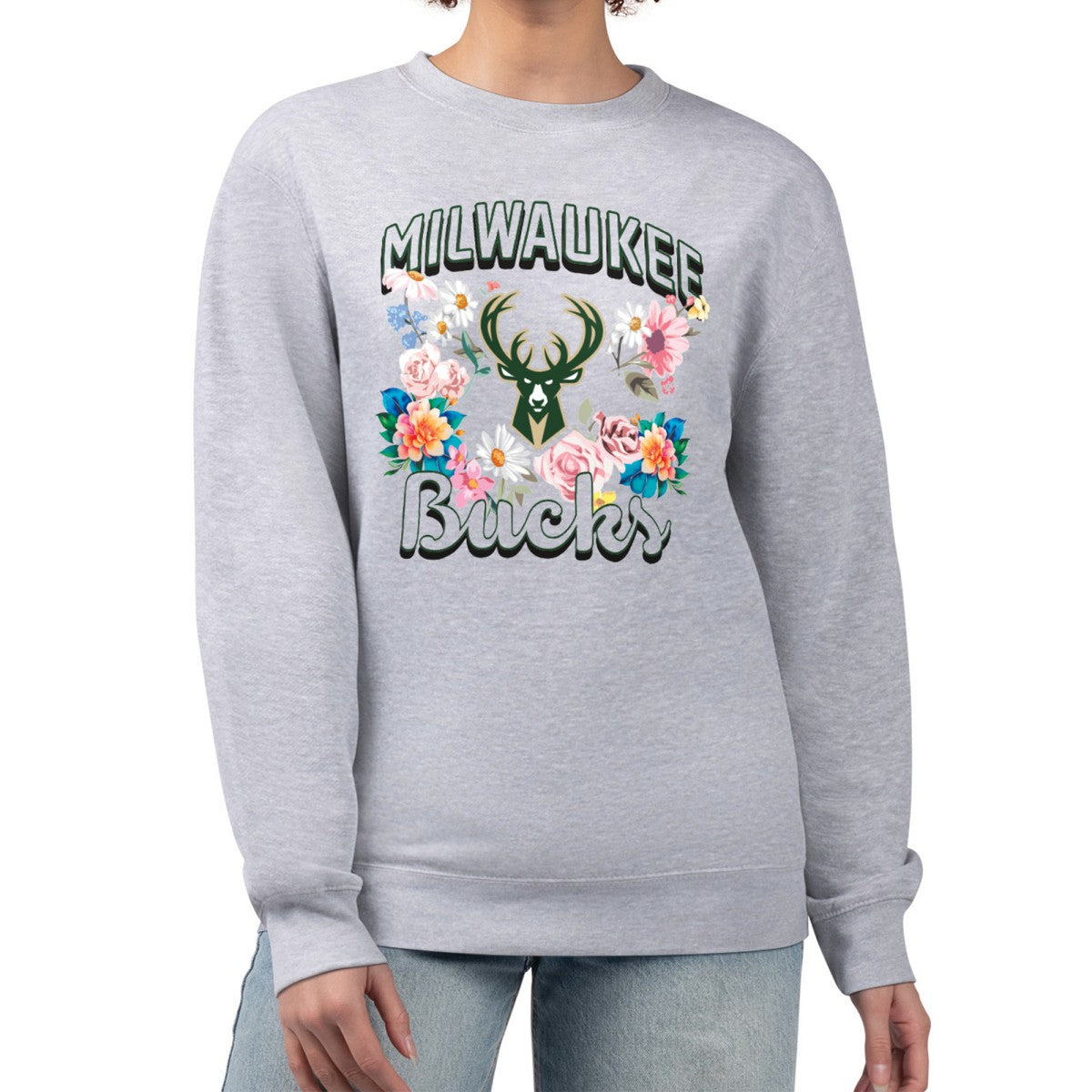 Heather Gray Milwaukee Bucks G-III 4Her by Carl Banks Women's Flowers Team Logo Graphic Fleece Crewneck Pullover Sweatshirt | NBA