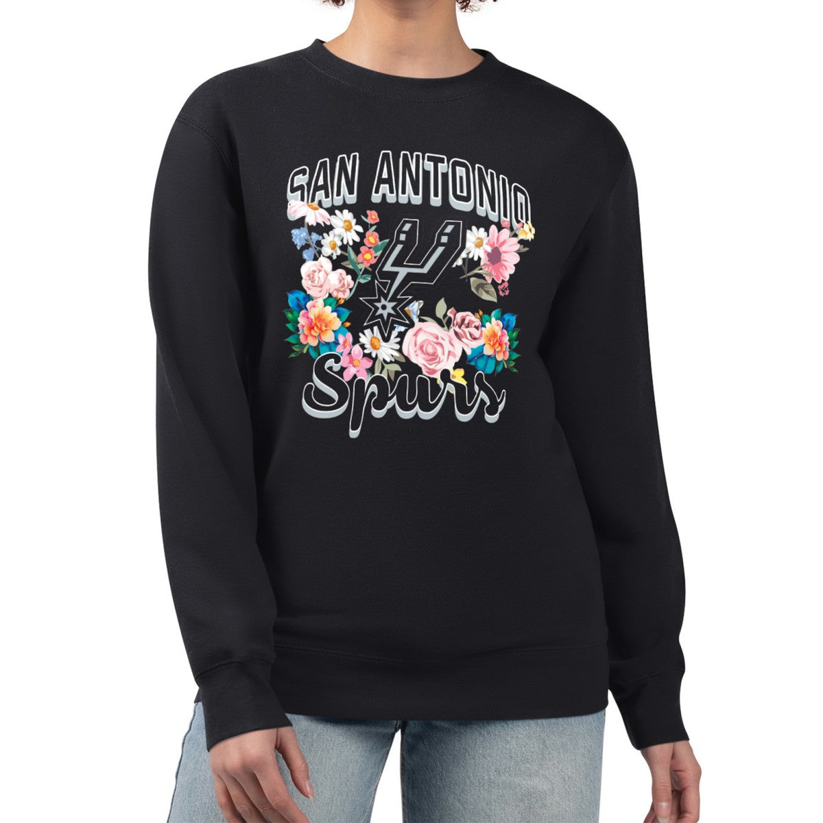 Black San Antonio Spurs G-III 4Her by Carl Banks Women's Flowers Team Logo Graphic Fleece Crewneck Pullover Sweatshirt | NBA