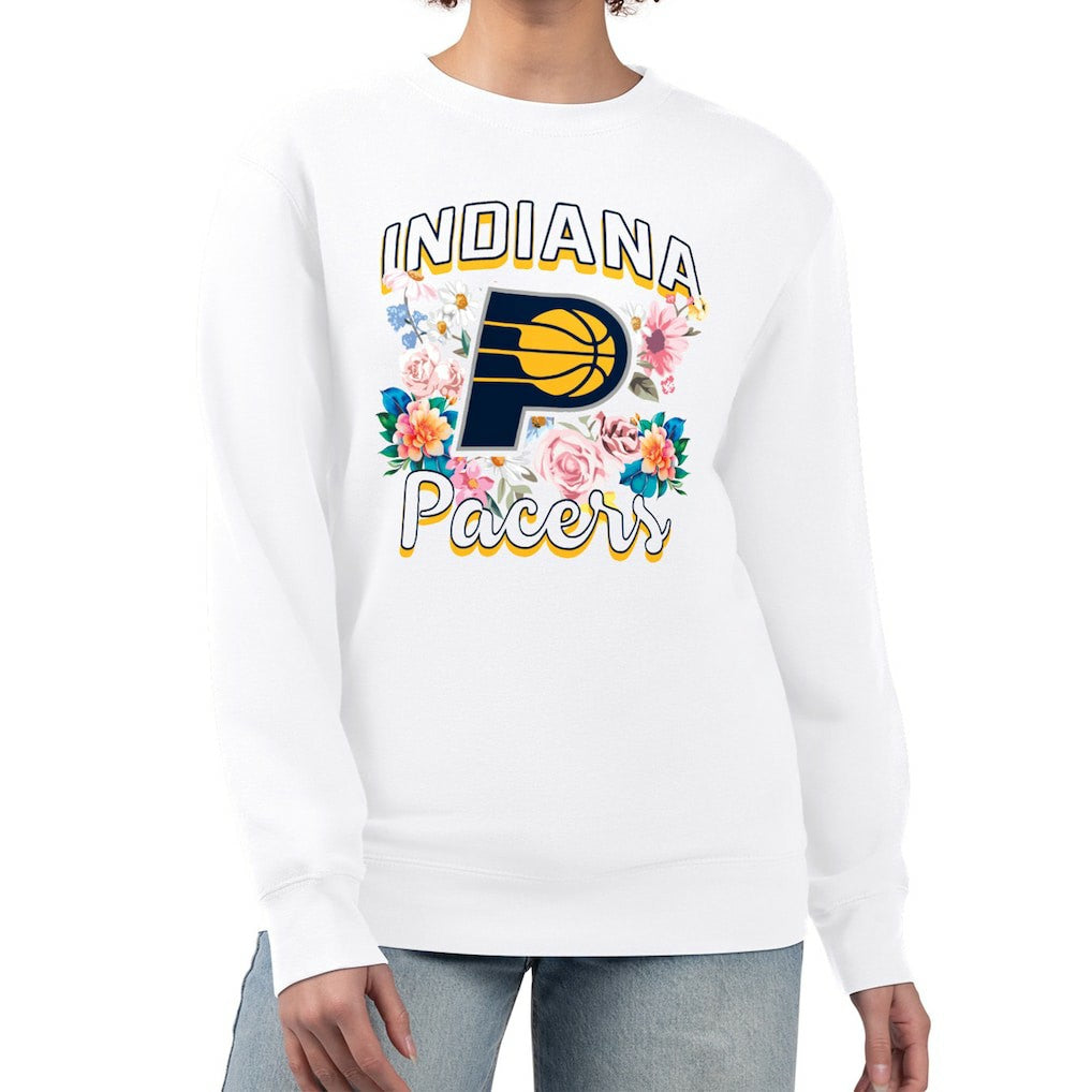 White Indiana Pacers G-III 4Her by Carl Banks Women's Flowers Team Logo Graphic Fleece Crewneck Pullover Sweatshirt | NBA