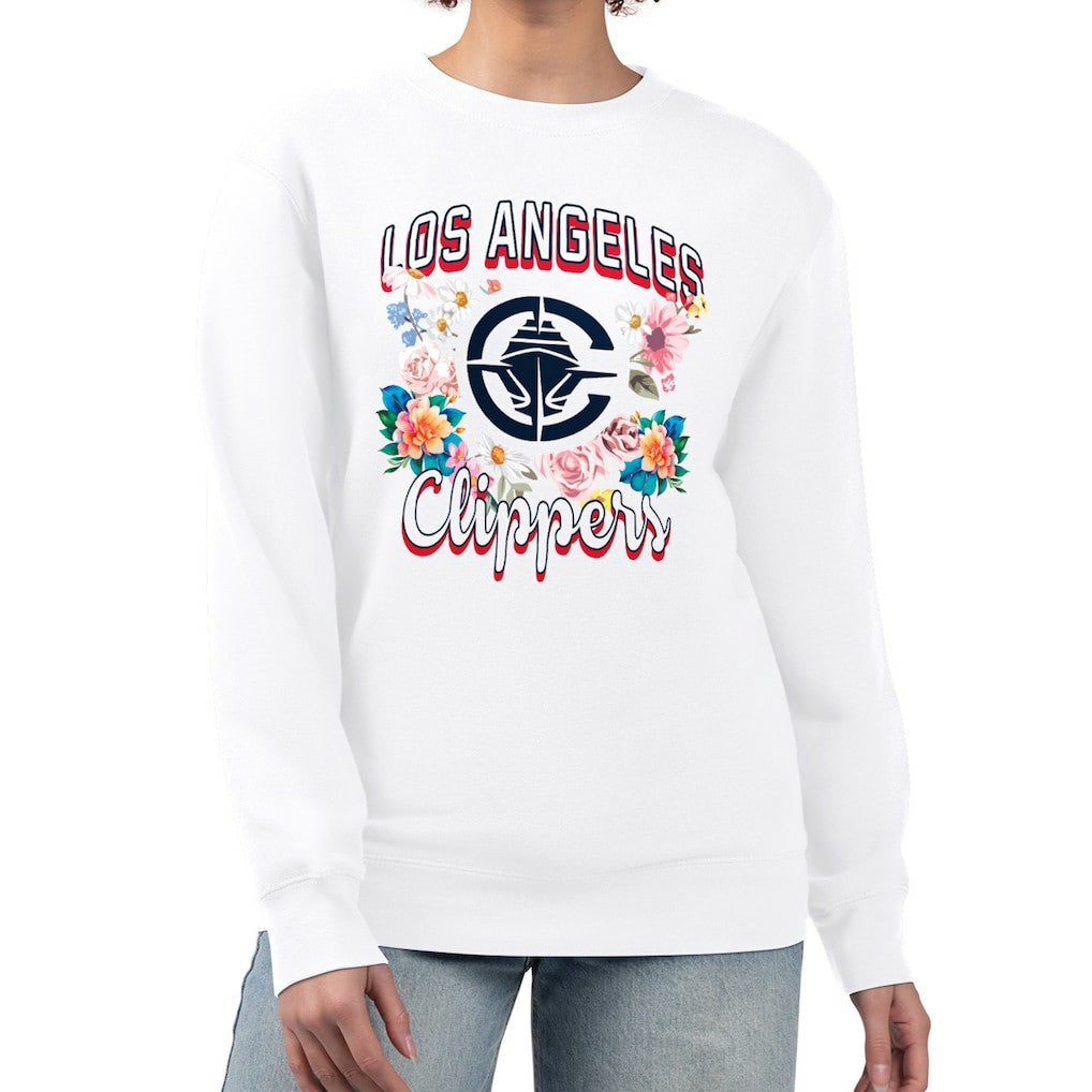 White LA Clippers G-III 4Her by Carl Banks Women's Flowers Team Logo Graphic Fleece Crewneck Pullover Sweatshirt | NBA