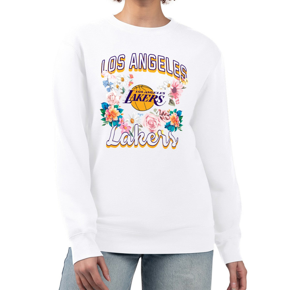White Los Angeles Lakers G-III 4Her by Carl Banks Women's Flowers Team Logo Graphic Fleece Crewneck Pullover Sweatshirt | NBA
