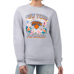 Heather Gray New York Knicks G-III 4Her by Carl Banks Women's Flowers Team Logo Graphic Fleece Crewneck Pullover Sweatshirt | NBA