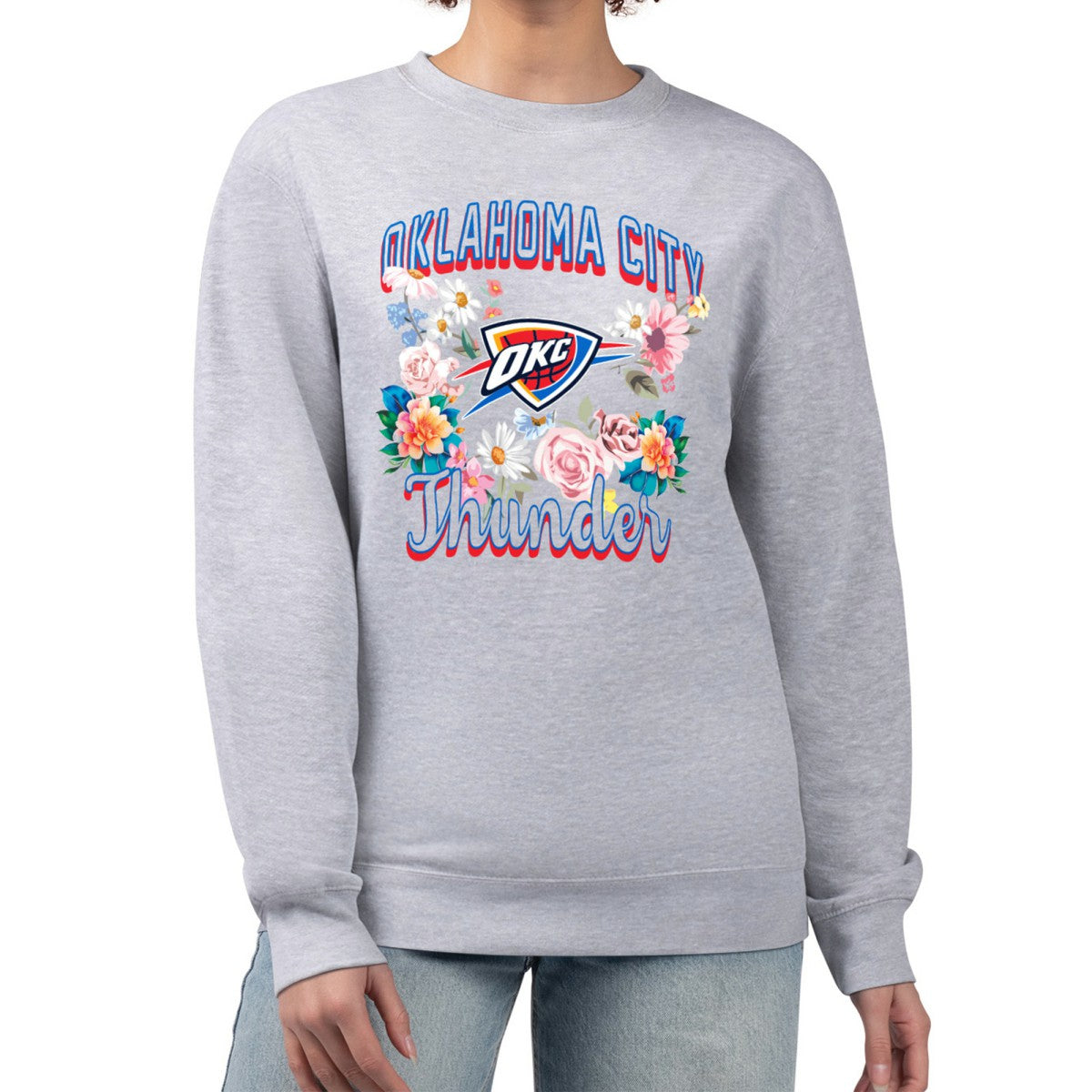 Heather Gray Oklahoma City Thunder G-III 4Her by Carl Banks Women's Flowers Team Logo Graphic Fleece Crewneck Pullover Sweatshirt | NBA