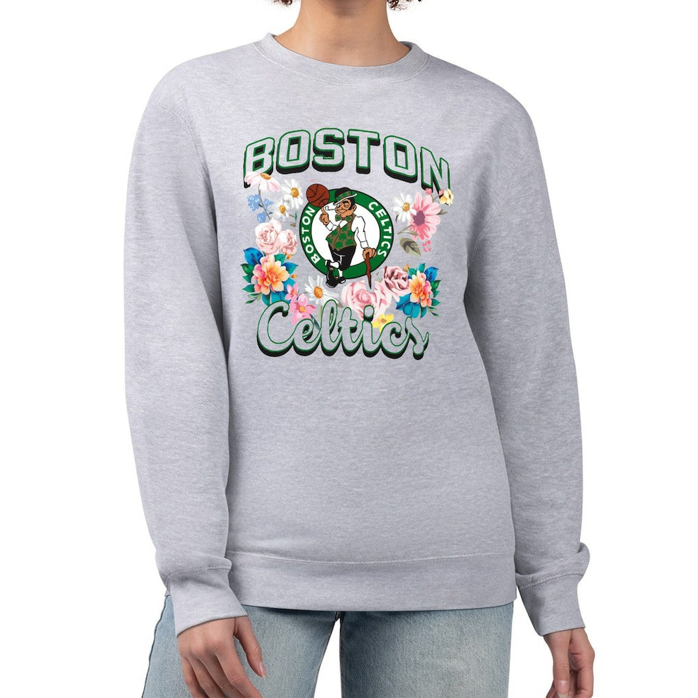 Heather Gray Boston Celtics G-III 4Her by Carl Banks Women's Flowers Team Logo Graphic Fleece Crewneck Pullover Sweatshirt | NBA