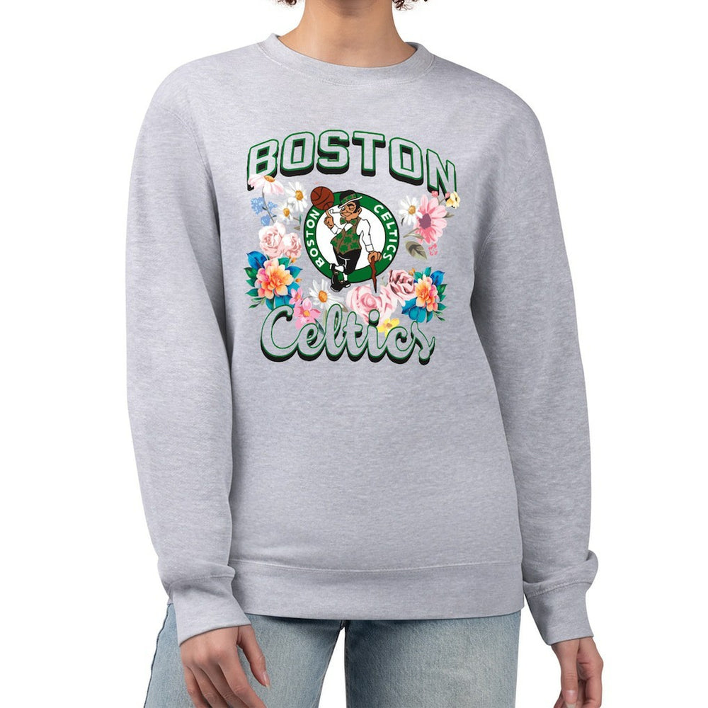 Heather Gray Boston Celtics G-III 4Her by Carl Banks Women's Flowers Team Logo Graphic Fleece Crewneck Pullover Sweatshirt | NBA
