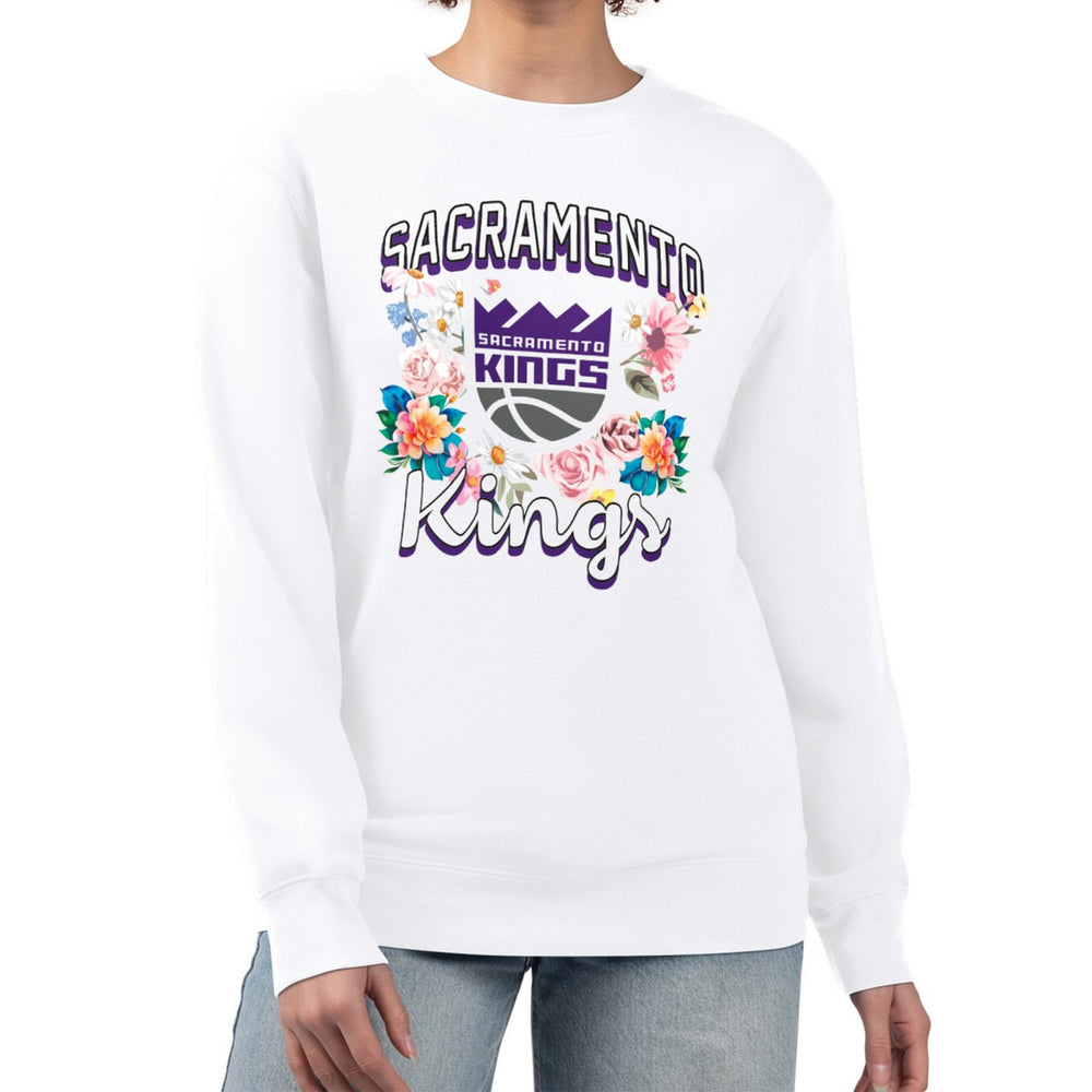 White Sacramento Kings G-III 4Her by Carl Banks Women's Flowers Team Logo Graphic Fleece Crewneck Pullover Sweatshirt | NBA