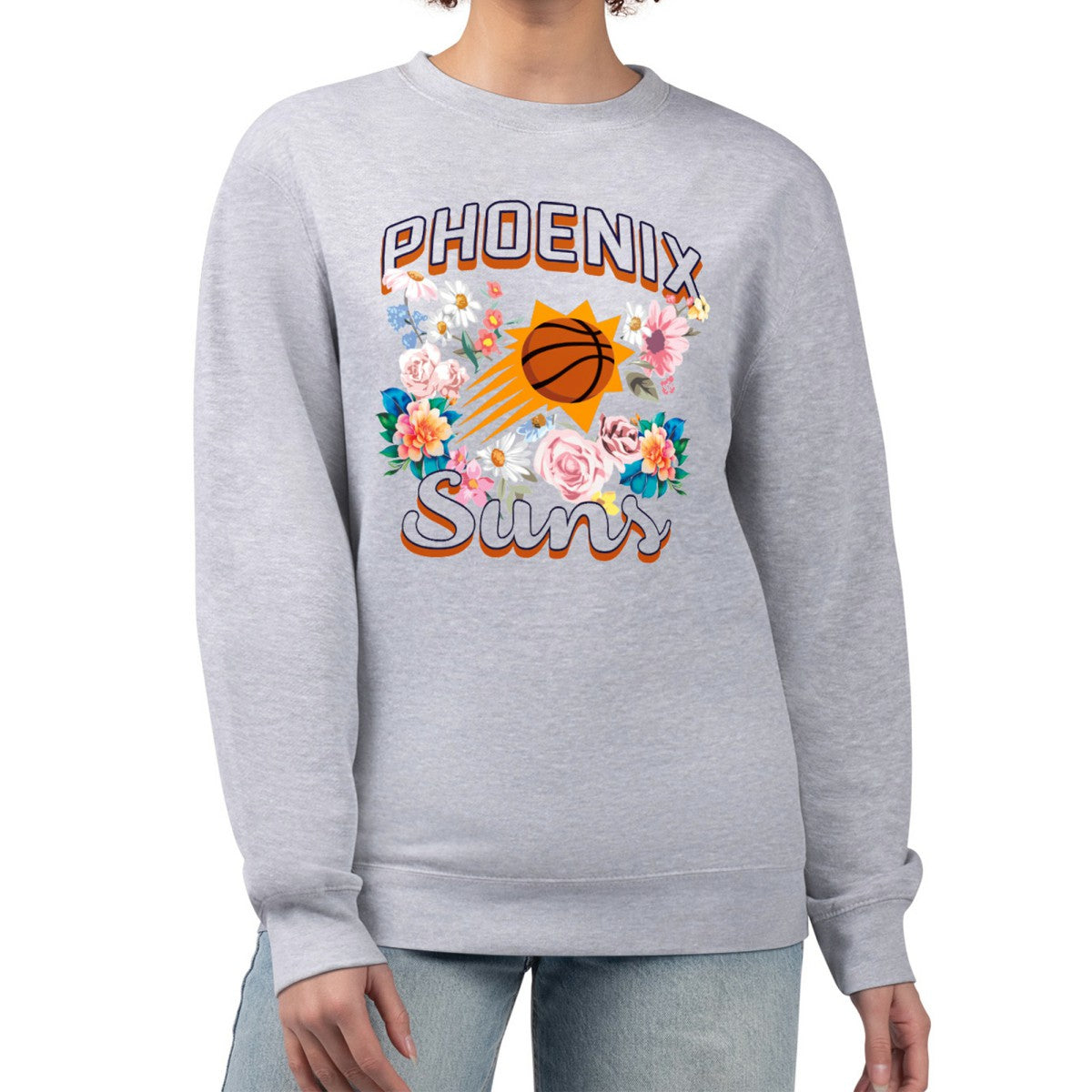 Heather Gray Phoenix Suns G-III 4Her by Carl Banks Women's Flowers Team Logo Graphic Fleece Crewneck Pullover Sweatshirt | NBA