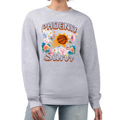 Heather Gray Phoenix Suns G-III 4Her by Carl Banks Women's Flowers Team Logo Graphic Fleece Crewneck Pullover Sweatshirt | NBA