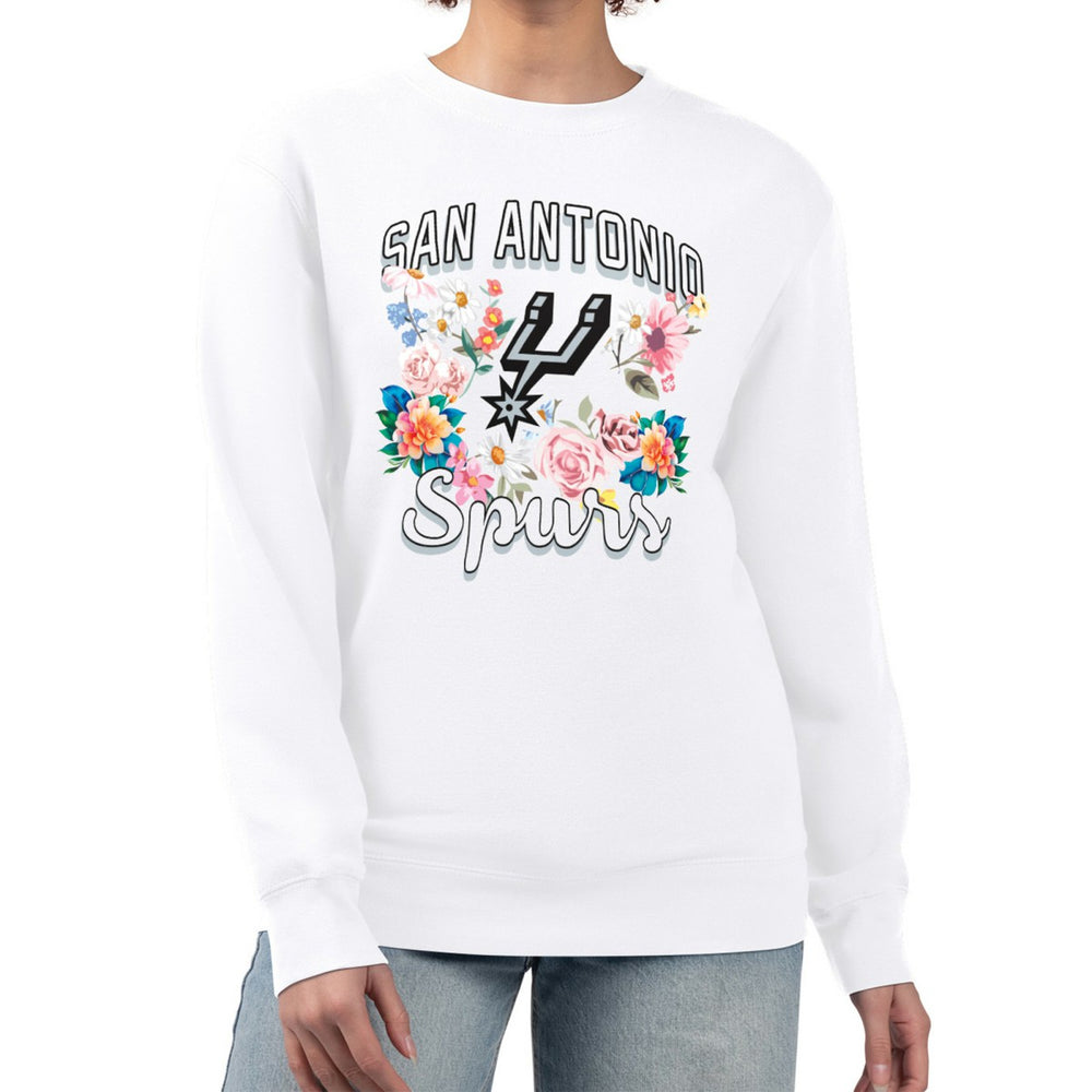 White San Antonio Spurs G-III 4Her by Carl Banks Women's Flowers Team Logo Graphic Fleece Crewneck Pullover Sweatshirt | NBA