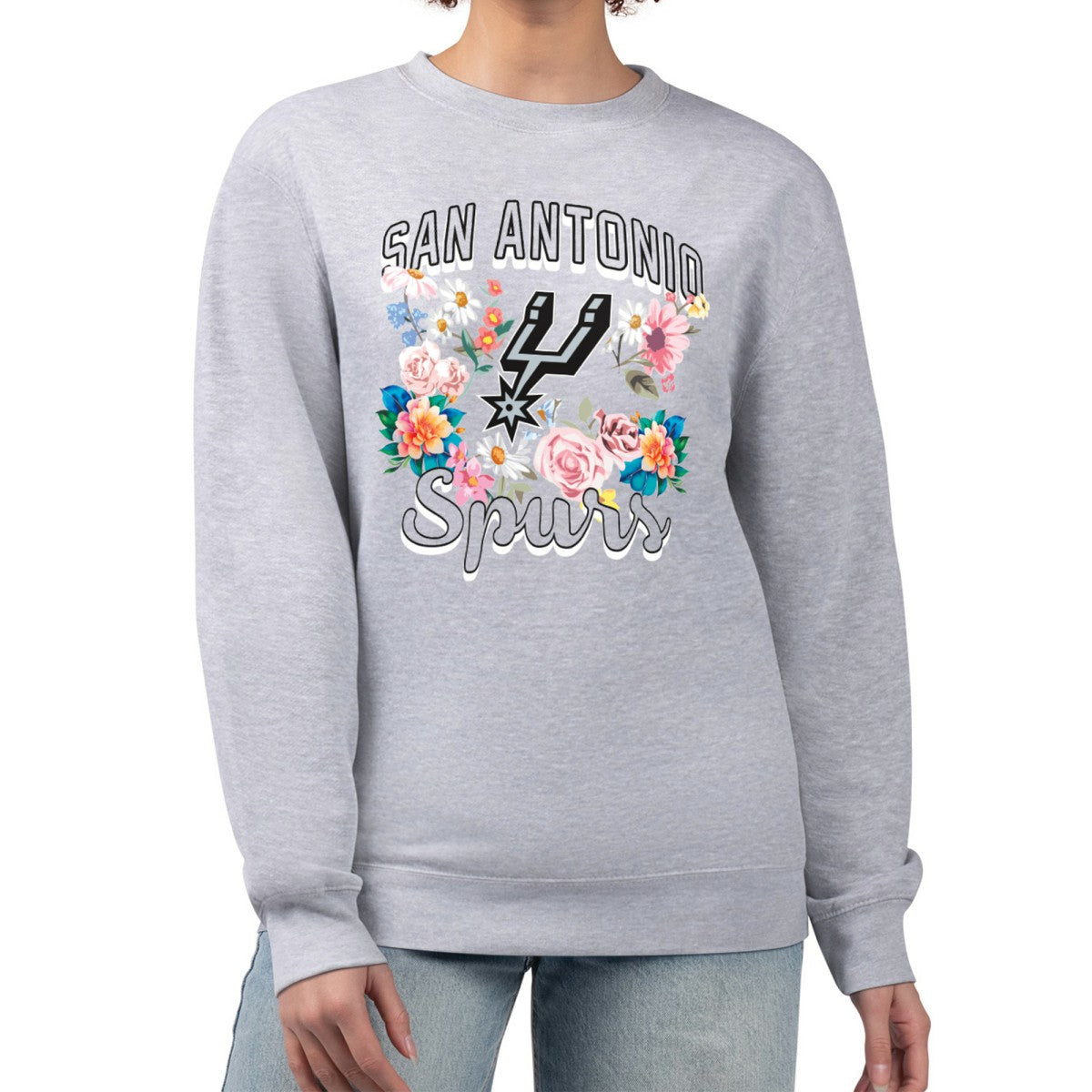 Heather Gray San Antonio Spurs G-III 4Her by Carl Banks Women's Flowers Team Logo Graphic Fleece Crewneck Pullover Sweatshirt | NBA