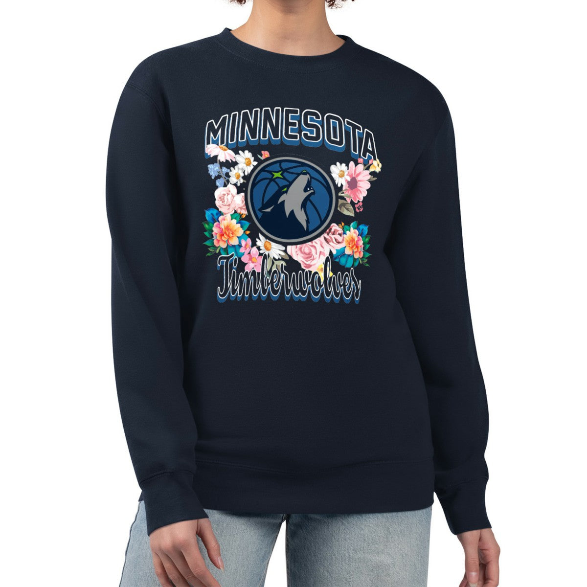 Navy Minnesota Timberwolves G-III 4Her by Carl Banks Women's Flowers Team Logo Graphic Fleece Crewneck Pullover Sweatshirt | NBA