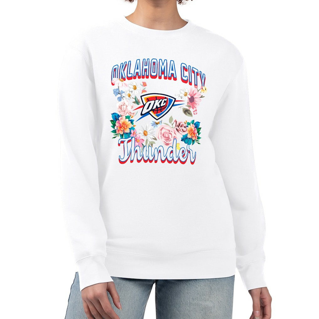 White Oklahoma City Thunder G-III 4Her by Carl Banks Women's Flowers Team Logo Graphic Fleece Crewneck Pullover Sweatshirt | NBA