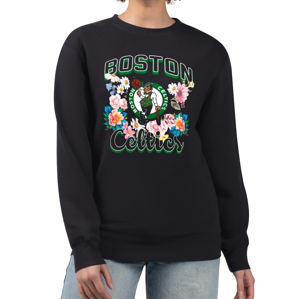 Black Boston Celtics G-III 4Her by Carl Banks Women's Flowers Team Logo Graphic Fleece Crewneck Pullover Sweatshirt | NBA
