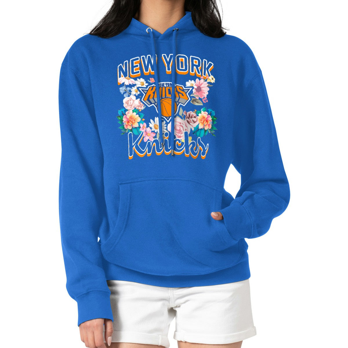 Blue New York Knicks G-III 4Her by Carl Banks Women's Flowers Team Logo Graphic Fleece Pullover Hoodie | NBA