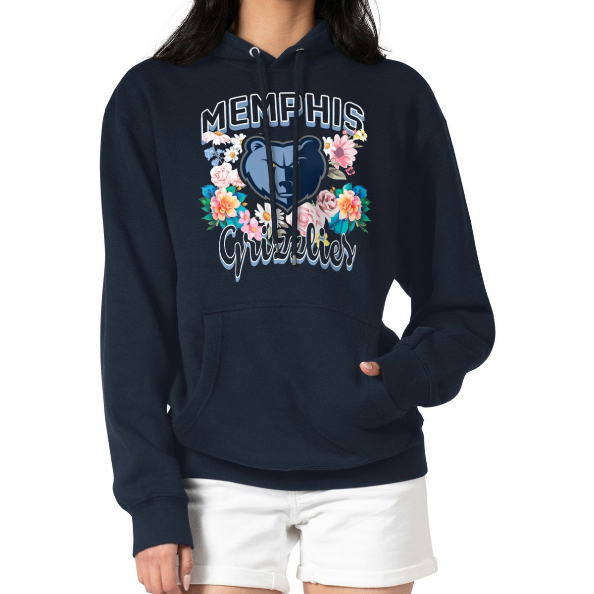 Navy Memphis Grizzlies G-III 4Her by Carl Banks Women's Flowers Team Logo Graphic Fleece Pullover Hoodie | NBA