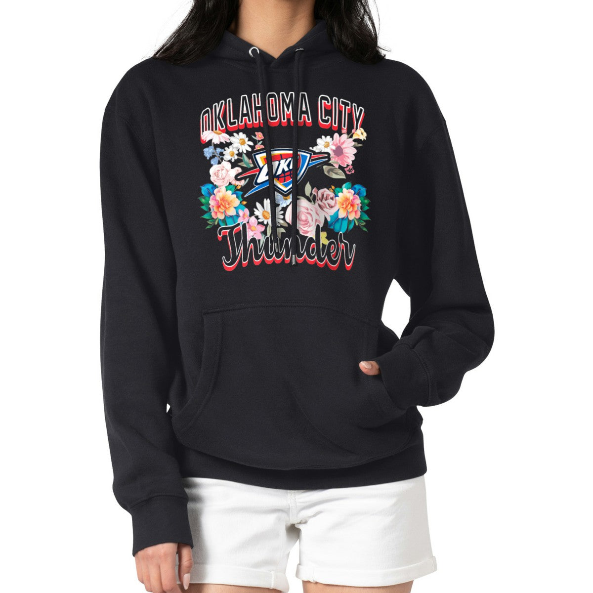 Black Oklahoma City Thunder G-III 4Her by Carl Banks Women's Flowers Team Logo Graphic Fleece Pullover Hoodie | NBA