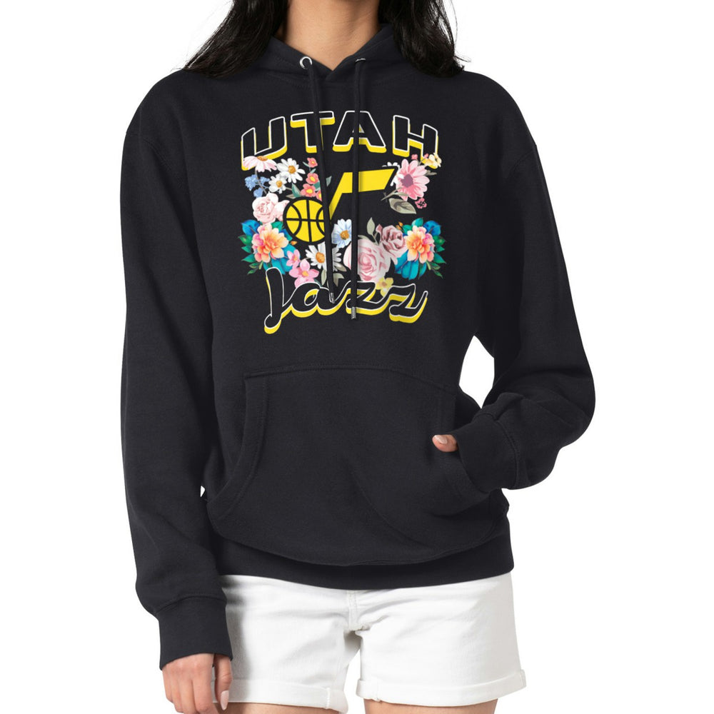 Black Utah Jazz G-III 4Her by Carl Banks Women's Flowers Team Logo Graphic Fleece Pullover Hoodie | NBA