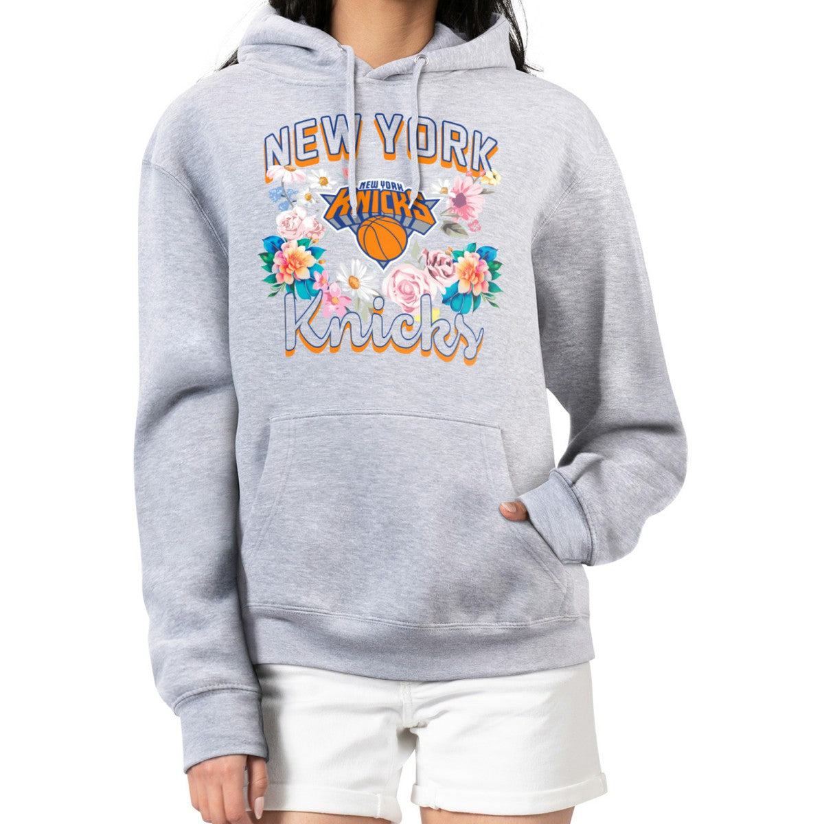 Heather Gray New York Knicks G-III 4Her by Carl Banks Women's Flowers Team Logo Graphic Fleece Pullover Hoodie | NBA