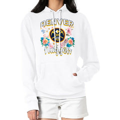 White Denver Nuggets G-III 4Her by Carl Banks Women's Flowers Team Logo Graphic Fleece Pullover Hoodie sale | NBA