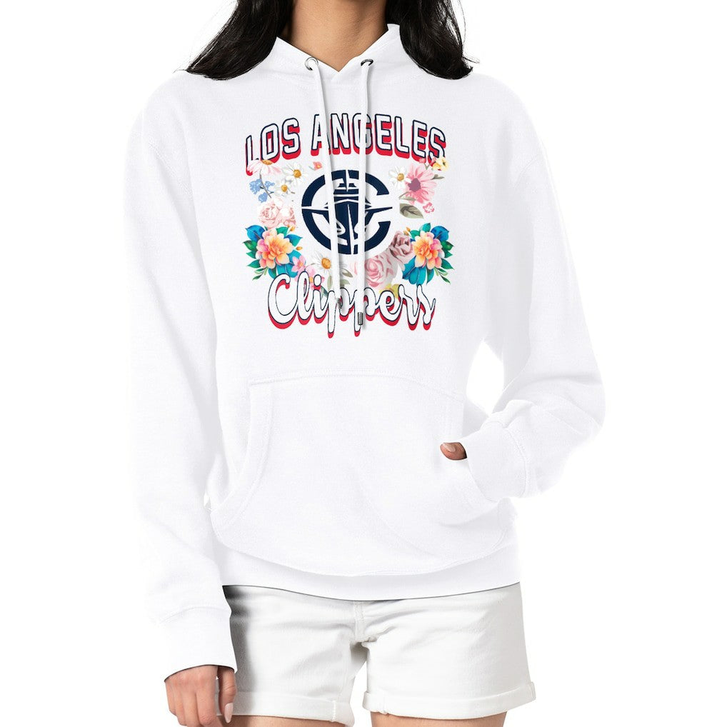 White LA Clippers G-III 4Her by Carl Banks Women's Flowers Team Logo Graphic Fleece Pullover Hoodie | NBA