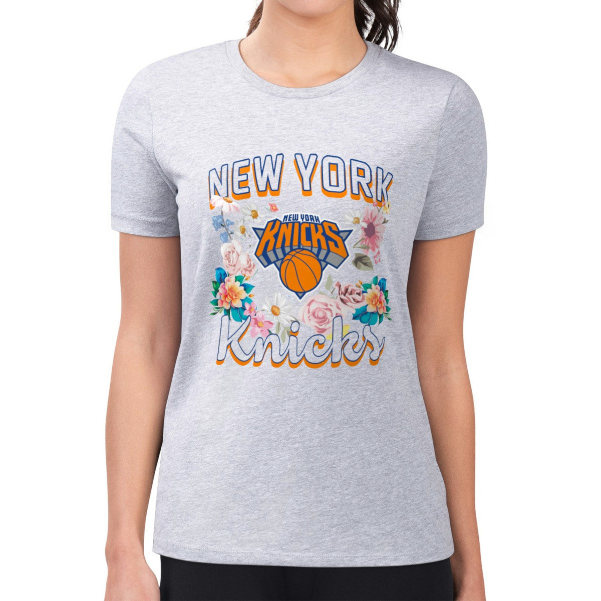 Heather Gray New York Knicks G-III 4Her by Carl Banks Women's Super-Slim Fit Lightweight Flowers Team Logo Graphic T-Shirt | NBA