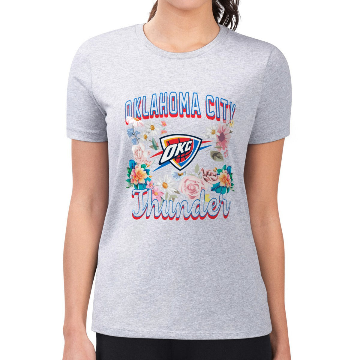 Heather Gray Oklahoma City Thunder G-III 4Her by Carl Banks Women's Super-Slim Fit Lightweight Flowers Team Logo Graphic T-Shirt | NBA