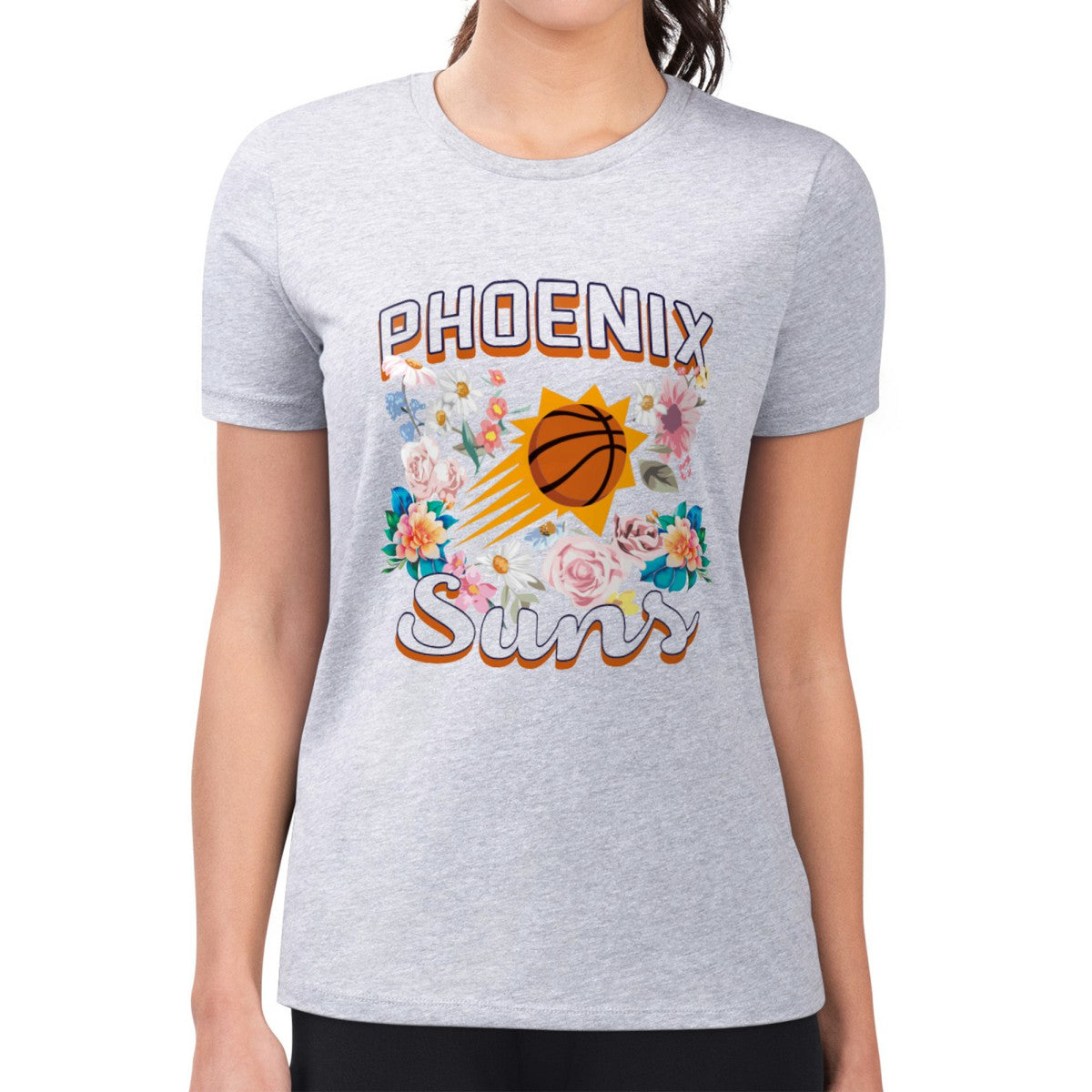 Heather Gray Phoenix Suns G-III 4Her by Carl Banks Women's Super-Slim Fit Lightweight Flowers Team Logo Graphic T-Shirt | NBA