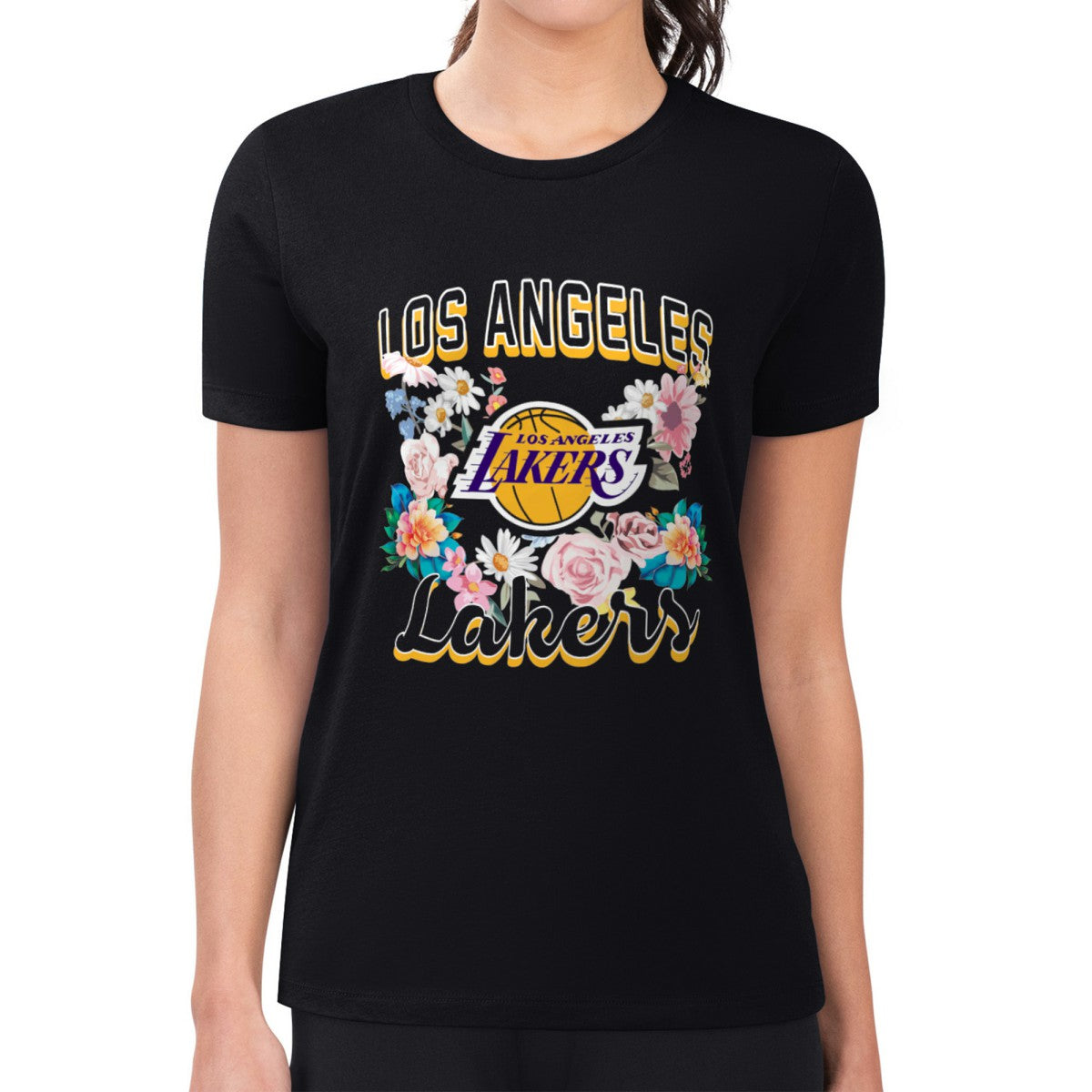 Black Los Angeles Lakers G-III 4Her by Carl Banks Women's Super-Slim Fit Lightweight Flowers Team Logo Graphic T-Shirt | NBA