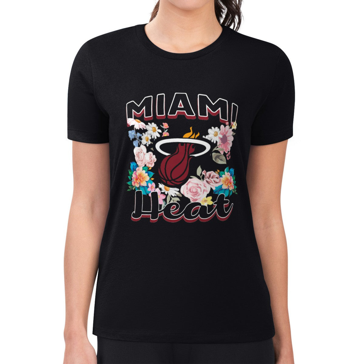 Black Miami Heat G-III 4Her by Carl Banks Women's Super-Slim Fit Lightweight Flowers Team Logo Graphic T-Shirt | NBA