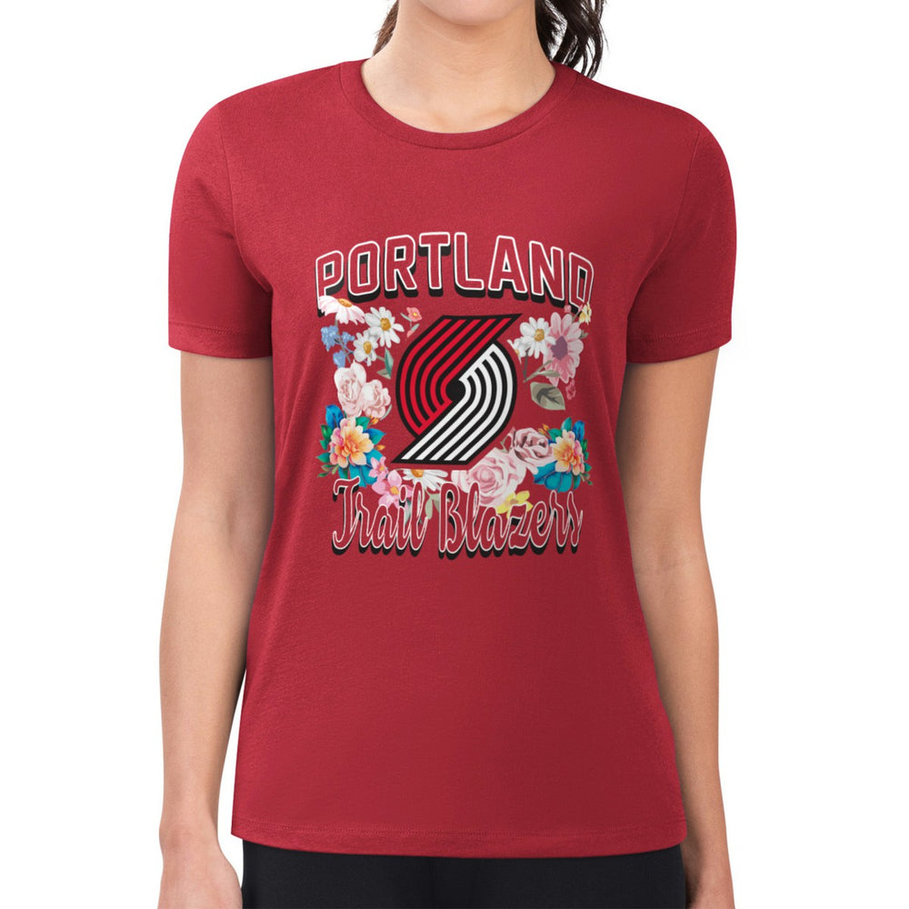Red Portland Trail Blazers G-III 4Her by Carl Banks Women's Super-Slim Fit Lightweight Flowers Team Logo Graphic T-Shirt | NBA
