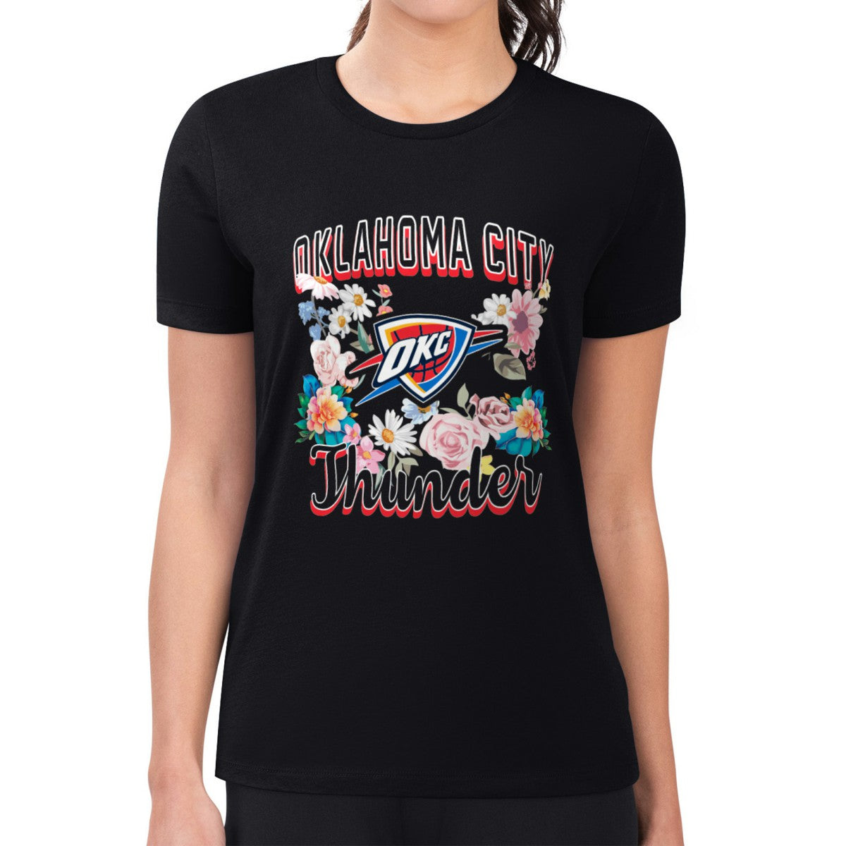 Black Oklahoma City Thunder G-III 4Her by Carl Banks Women's Super-Slim Fit Lightweight Flowers Team Logo Graphic T-Shirt | NBA