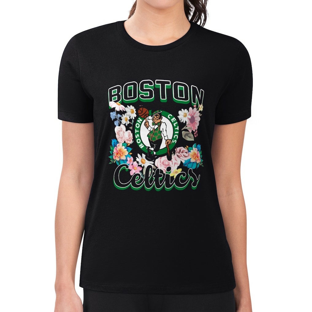 Black Boston Celtics G-III 4Her by Carl Banks Women's Super-Slim Fit Lightweight Flowers Team Logo Graphic T-Shirt | NBA
