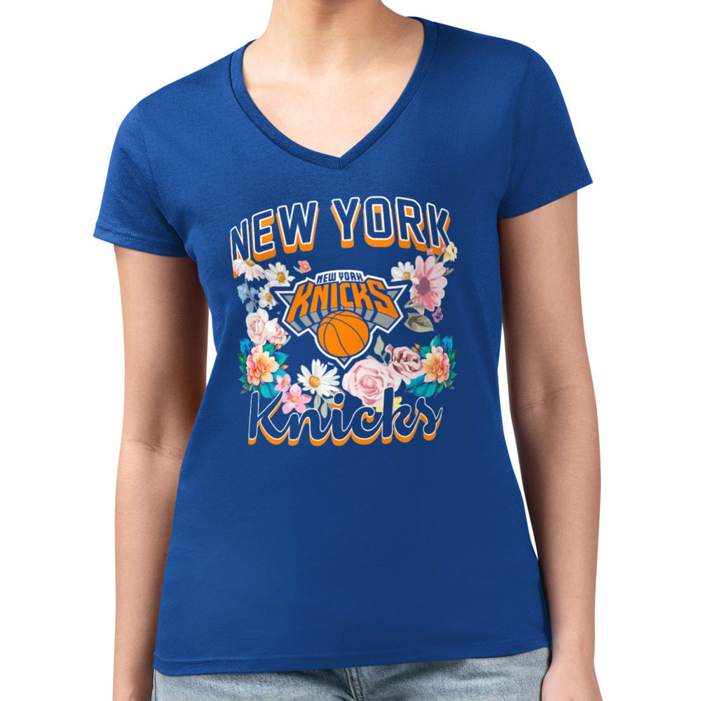 Blue New York Knicks G-III 4Her by Carl Banks Women's Super-Slim Fit Lightweight Flowers Team Logo Graphic V-Neck T-Shirt | NBA